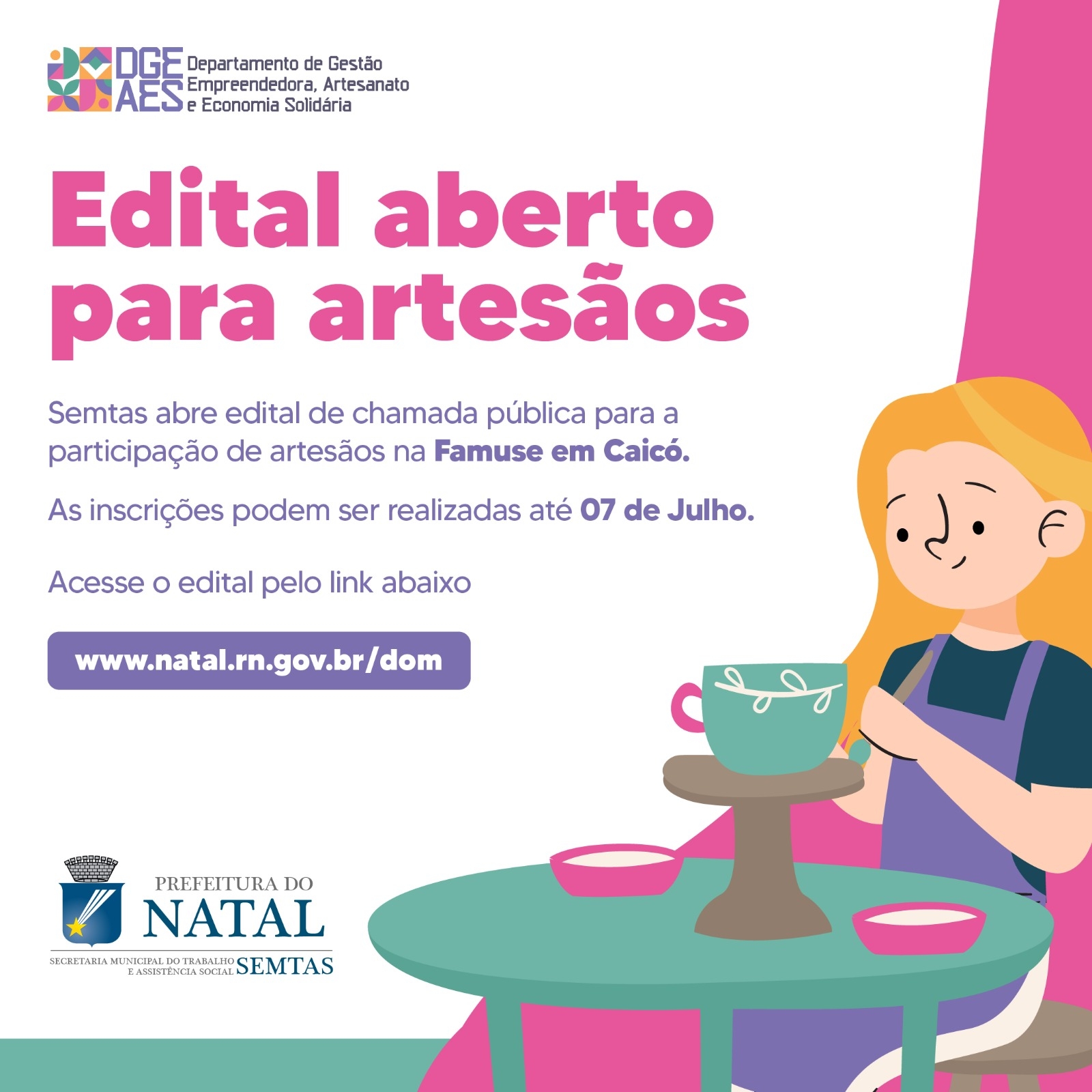Semtas abre edital de chamada pública para a participação de artesãos na Famuse em Caicó